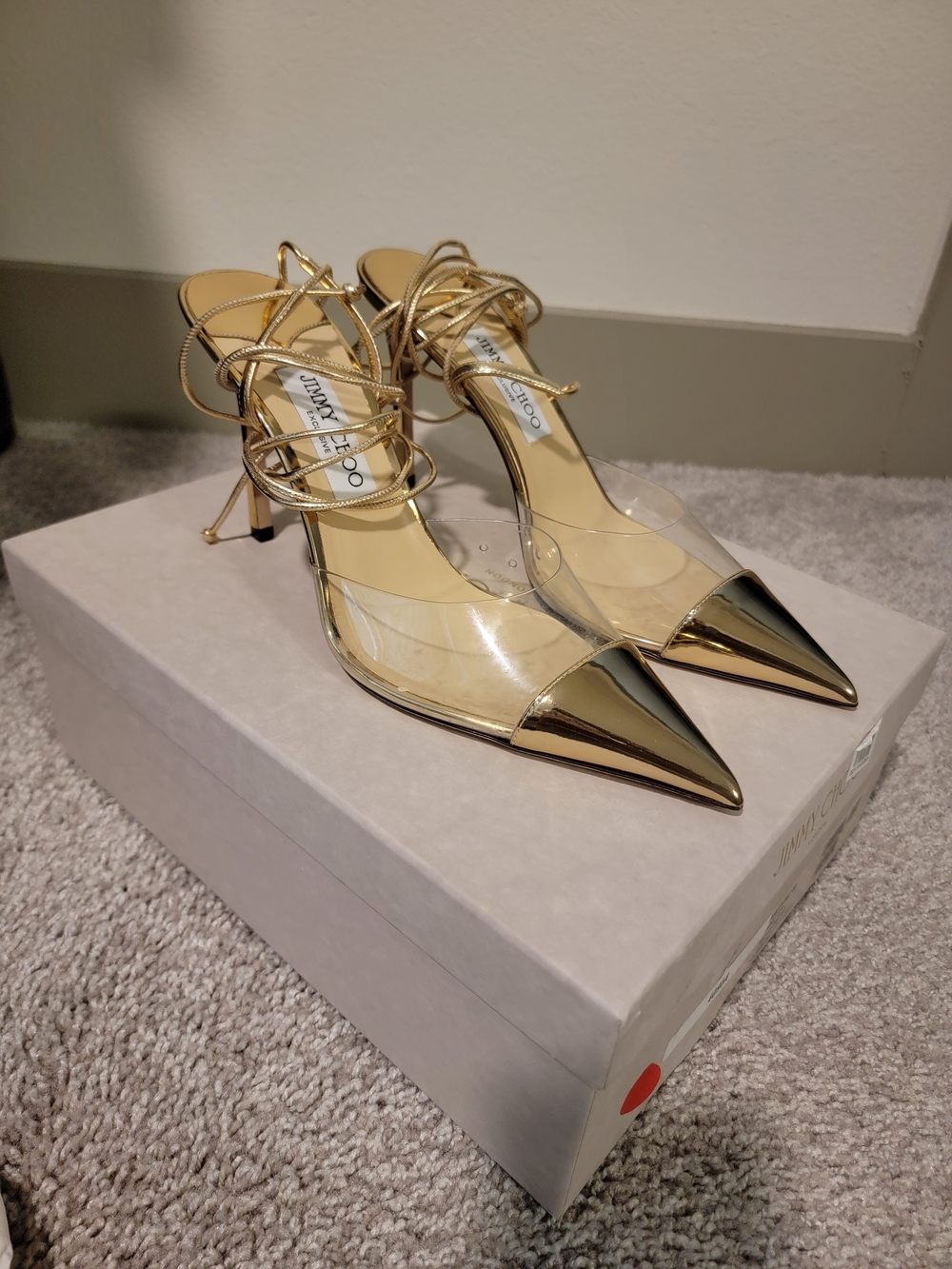 Jimmy Choo Farley Gold Pointed Toe Clear Lace-Up Pumps - Picture 4 of 7